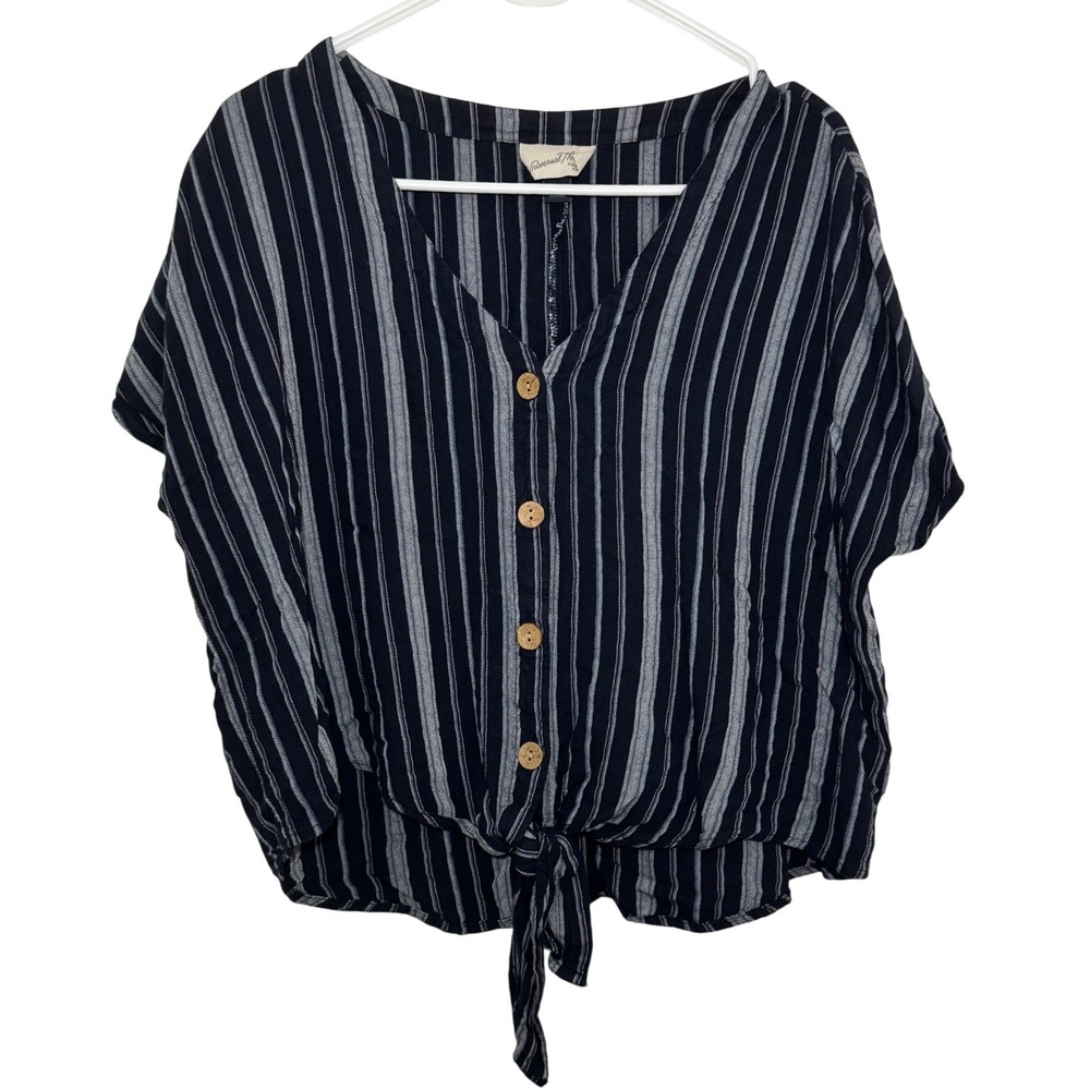 Universal Thread Navy White Striped Tie Front Button Down Blouse Top Large